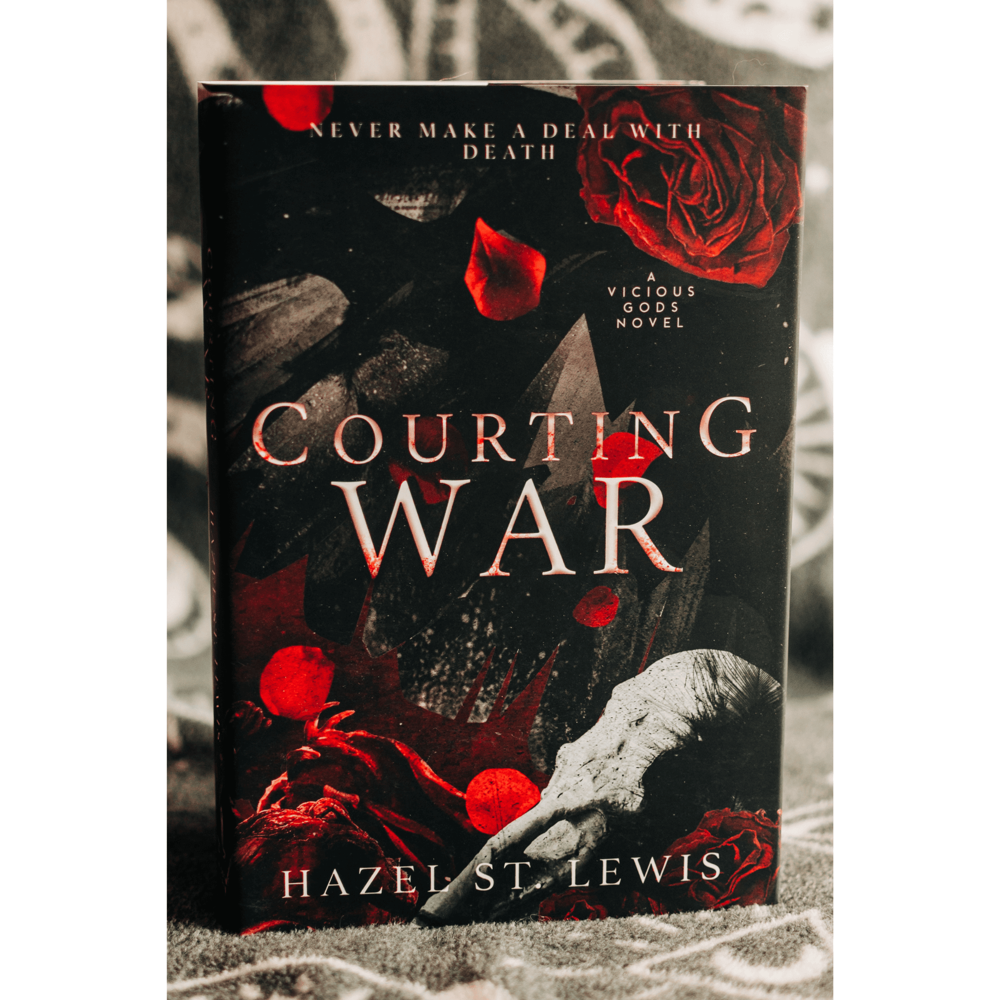 Cover of 'Courting War' by Hazel St. Lewis, a dark fantasy romance novel with roses and a skull.