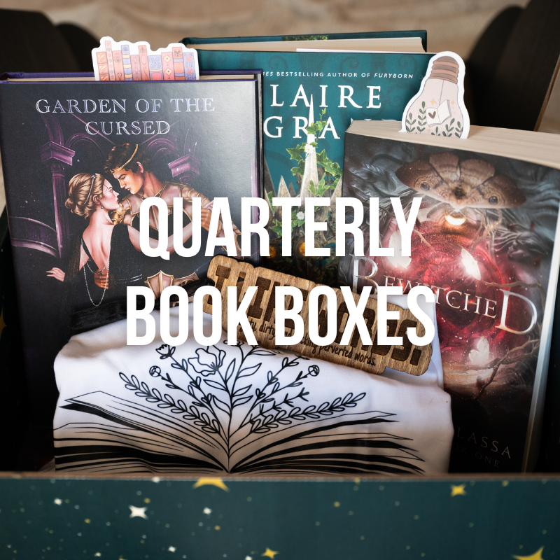 Fantasy Bookly quarterly fantasy romance book boxes with signed books, exclusive art, and collectible gifts displayed together.