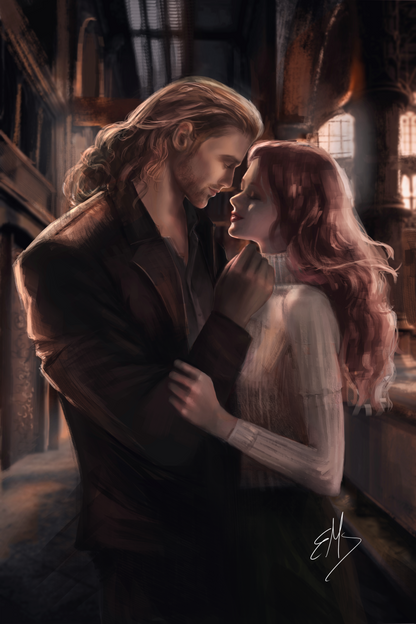 Limited edition character art vellum insert from A Dream of Blood and Magic by Olivia Boothe, featuring the two main characters in a romantic embrace within a moody, fantasy-inspired setting.