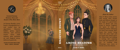 Full wrap dust jacket of Among Shadows by Aline P. Mora, exclusive Fantasy Bookly edition featuring ballroom artwork, chandelier details, and illustrated main characters.