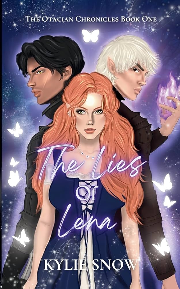 Signed paperback edition of The Lies of Lena by Kylie Snow with illustrated fantasy romance cover featuring two main characters.