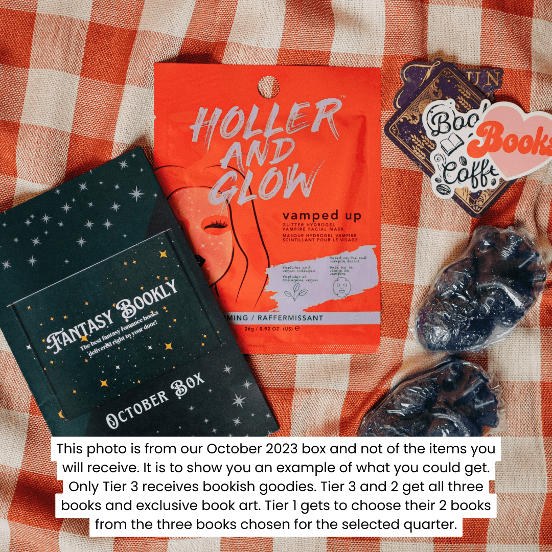 October 2023 book box goodies: vamped up mask, anatomical heart soap, and book stickers.