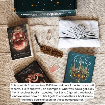 July 2023 Book Box: Bewitched, Garden of the Cursed and A Crown of Ivy and Glass. Bookish goodies include stickers, white tshirt with floral book print, and a book mark about liking dirty words.