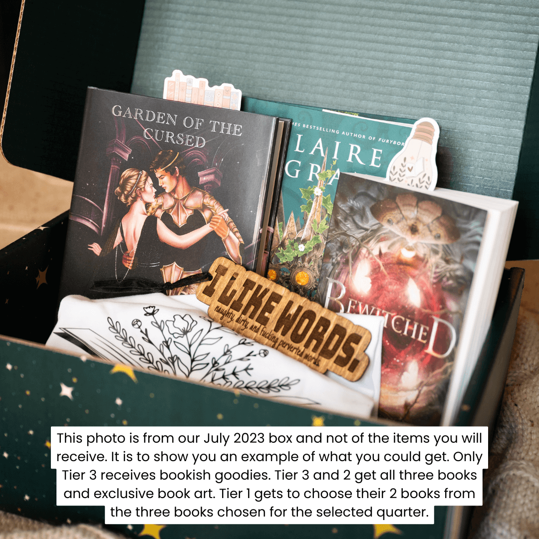 July 2023 Book Box with three books, and bookish goodies