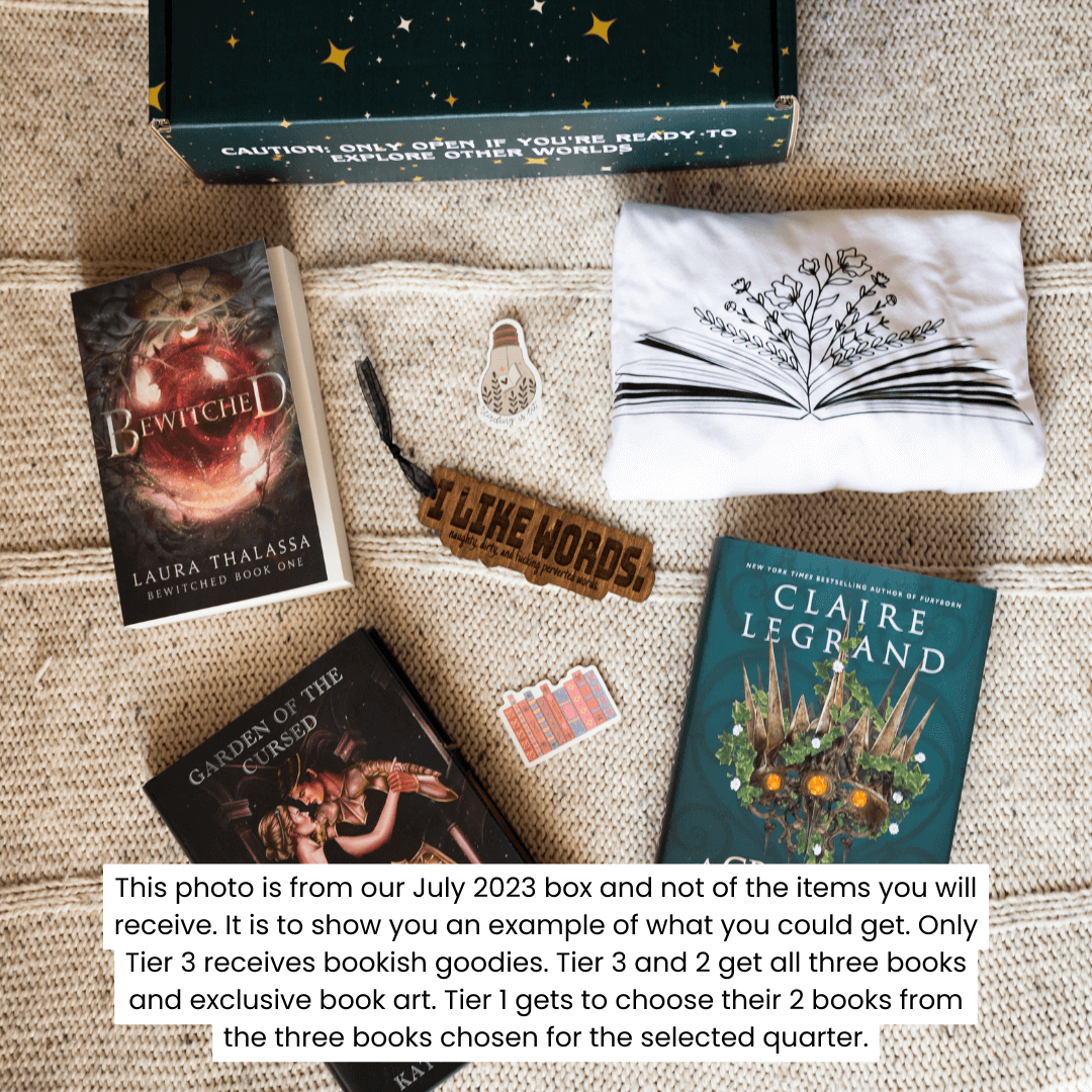July 2023 Book Box: Bewitched, Garden of the Cursed and A Crown of Ivy and Glass. Bookish goodies include stickers, white tshirt with floral book print, and a book mark about liking dirty words.