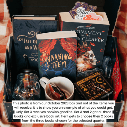 October 2023 book box with three books and bookish goodies