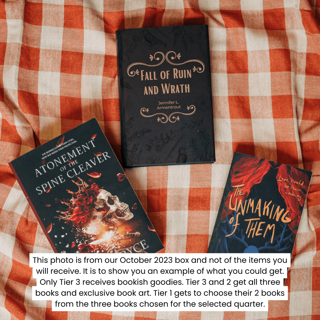 October 2023 book box books: Atonement of the Spine Cleaver, Fall of Ruin and Wrath and The Unmaking of Them
